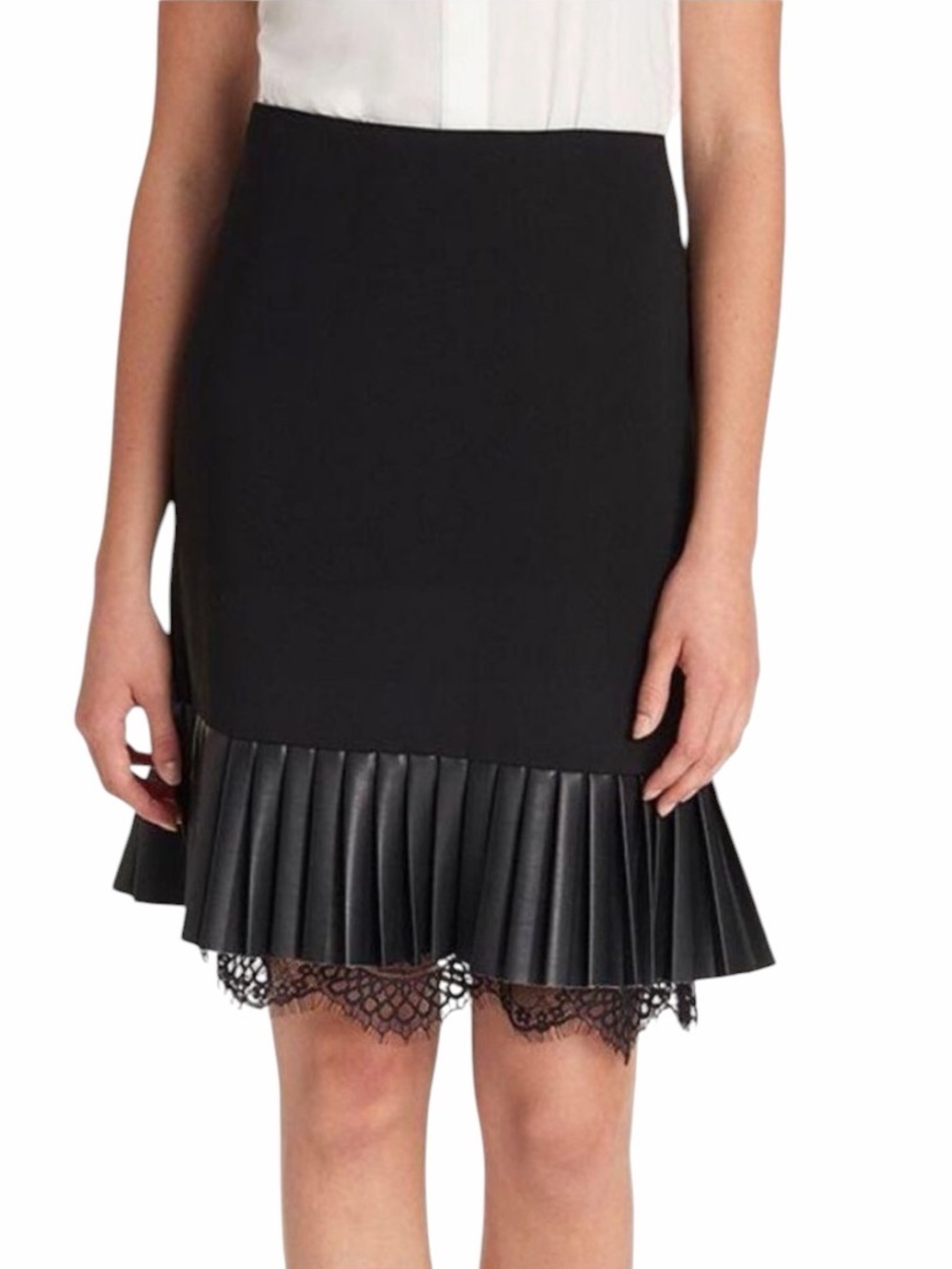 Karl Lagerfeld Classic Pleated Faux Leather Lace Trim Pencil Skirt Size 8 Black